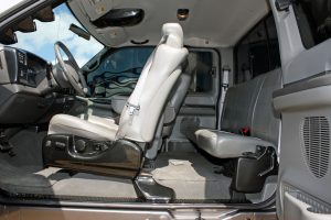 While the gray leather is still stock, just about anything that could be removed was treated to the carbon fiber graphics that carry over from the outside of the truck.