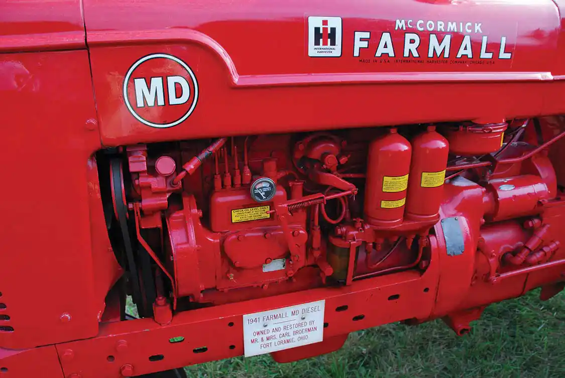 The diesel side of the 248-cid gas-start four-cylinder diesel shows the IH injection pump and dual fuel filters.