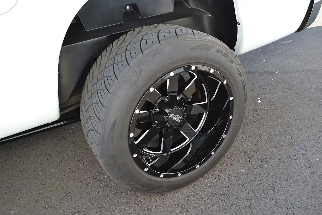 The rear of the truck has been lowered 3 inches, while the front remains stock.