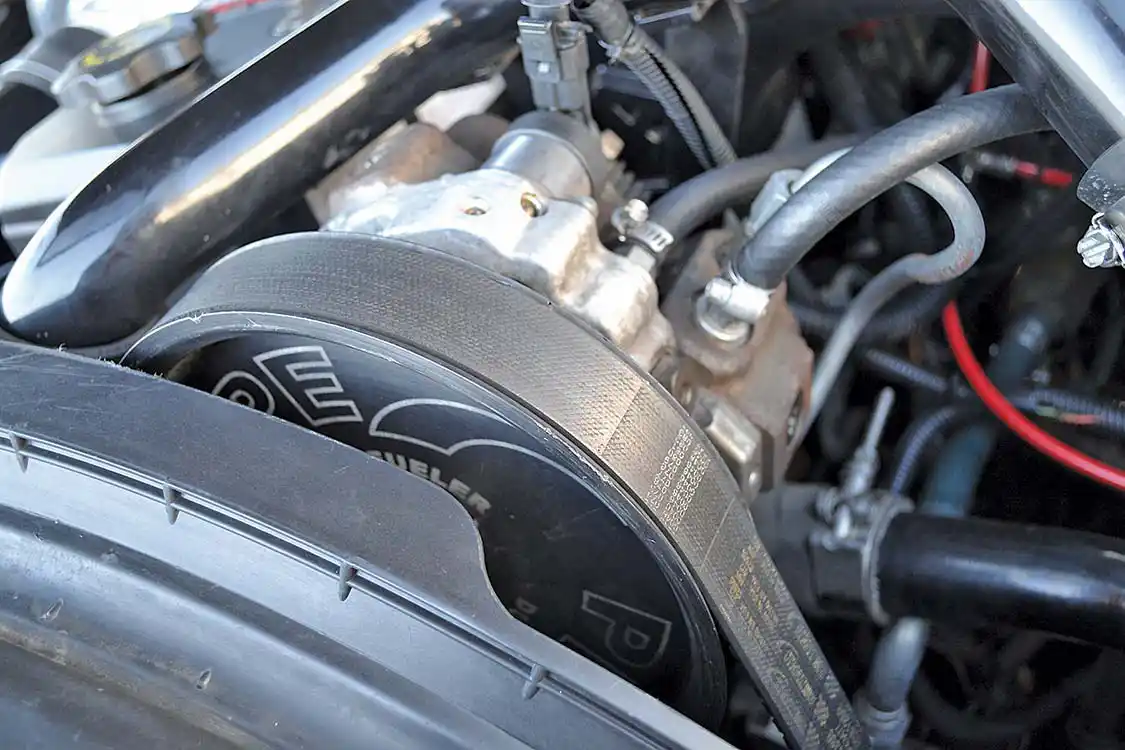A <a href="https://www.ppediesel.com/shop/">PPE</a> Dual Fueler mounts a second pump up on top of the engine, and gives the common rail system a fighting chance of maintaining rail pressure. The diesel fuel goes from both pumps to highly efficient Flux 4 injectors from <a href="https://www.fluxdiesel.com/">F1 Diesel</a>, which are a big piece in the 900-rwhp power number.