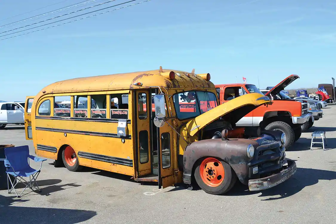 1950s school bus with a compound-turbo 12-valve Cummins