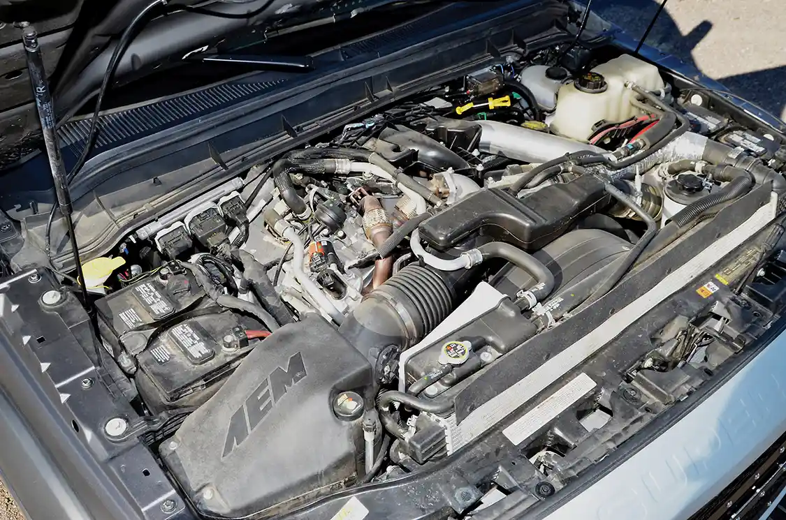 The 6.7L Power Stroke is mostly stock but benefits from a free-flowing intake from AEM as well as a 4-inch stainless steel exhaust from Magnaflow.