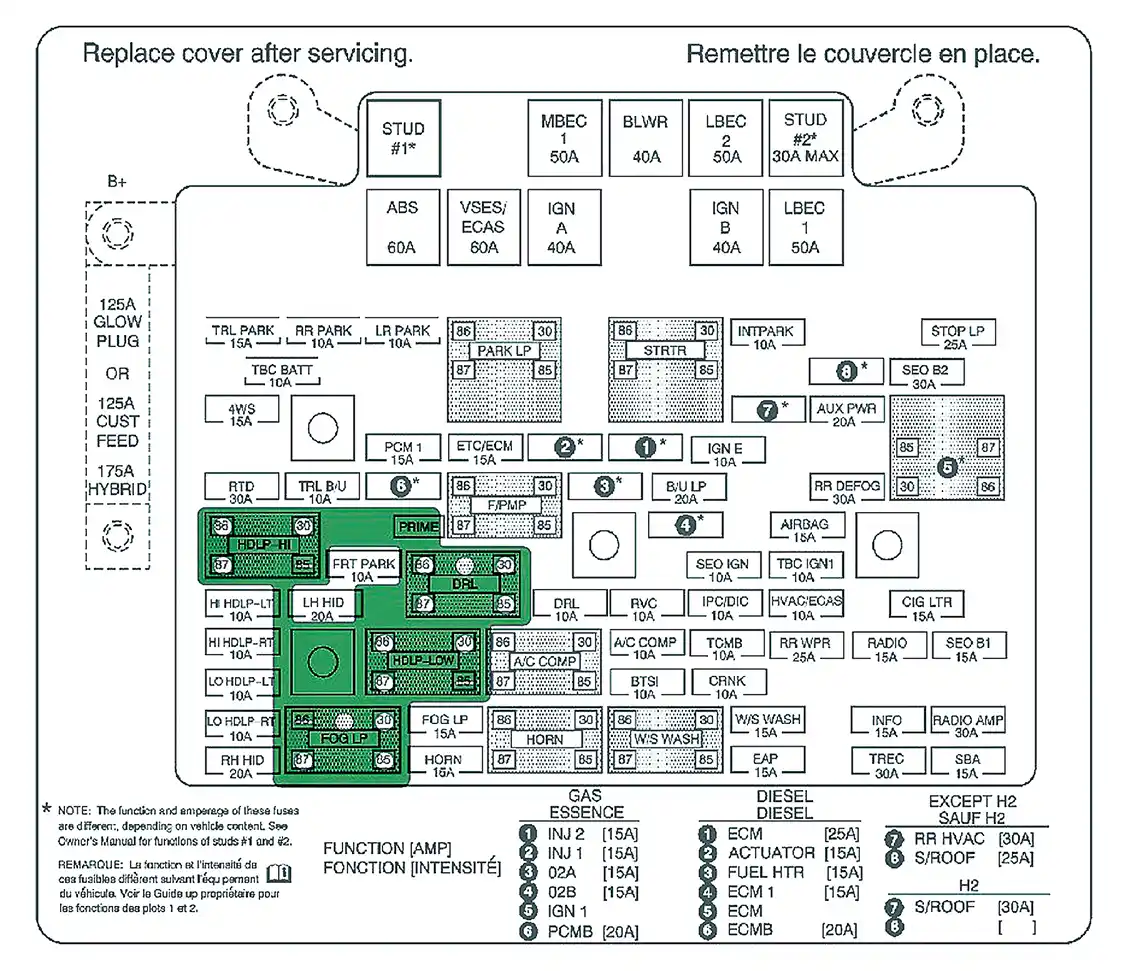 5. As shown on this diagram, the four relays shown in the green shaded area are the ones that need to be removed to install the Fleece All On Module.