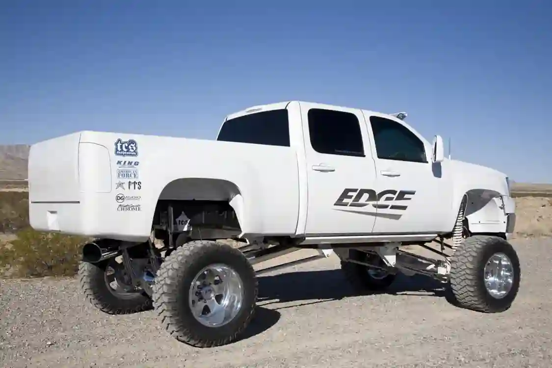 The rear bumper has been removed, and replaced with a shaved roll pan from Grant Customs. The exhaust tip is a 7x18 rolled-tip chrome unit. Coming or going, this truck is an eye catcher. 