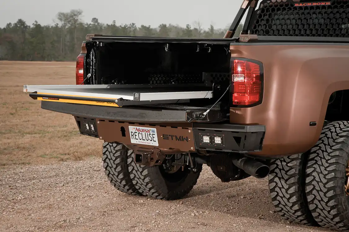 Sliding out the BEDSLIDE bed rack helps with loading and unloading gear. Look closely and you can also see the RackWorks roof rack.