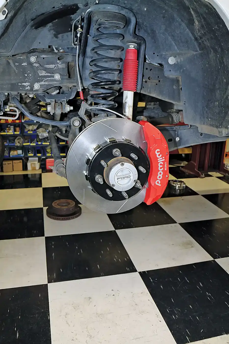 11. This is the complete front brake kit on the F250. It offers much more brake surface than the OEM setup, which allows for quicker stops and less fade. You can install just the front kit, or you can go for the rear Wilwood upgrade kit, too, for a more balanced and an even better working brake system. 