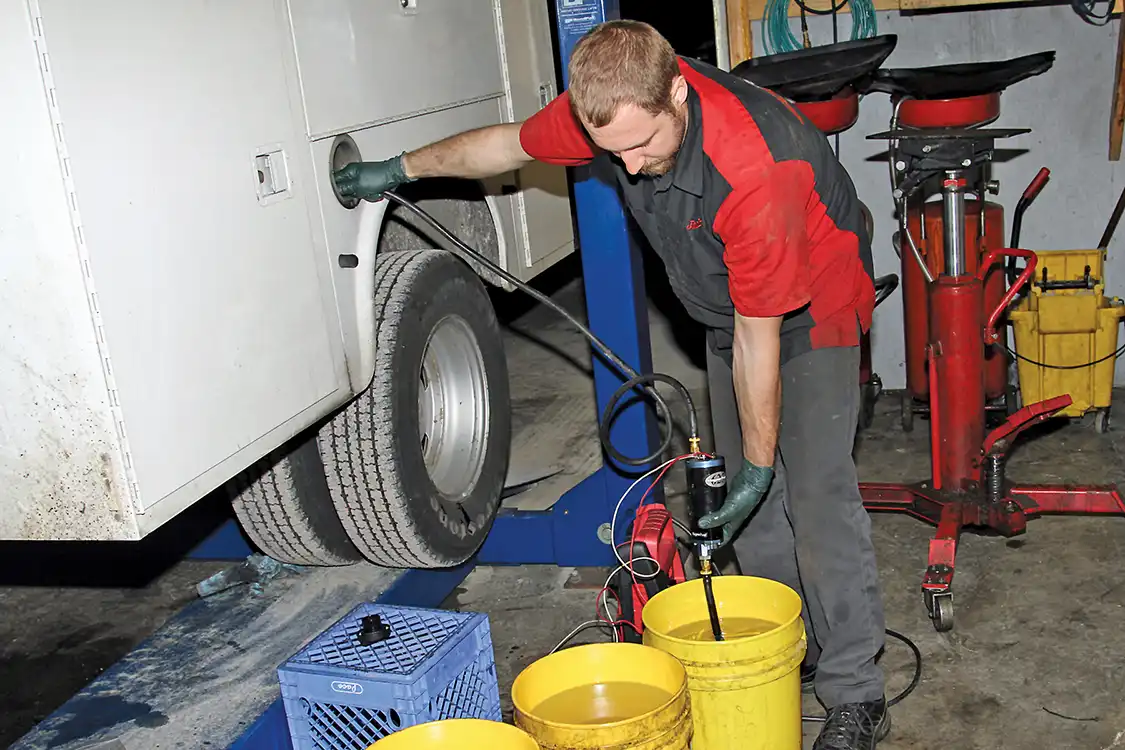 26. To complete the installation, he pumps the drained fuel back into the fuel tank then cycles the ignition several times to prime the fuel system with the AirDog pump and starts the truck. While the truck is running, Grubb carefully inspects the complete system for leaks.