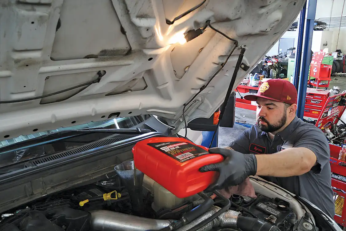 11. Once the new pan has been installed along with a new oil filter—which is needed to fill the engine with oil—check for leaks and then hit the road. Note that to get the oil level on the dip stick to the fill line, you will need to use one extra pint (1/2-quart), as the new steel pan has more volume than the old composite unit. 