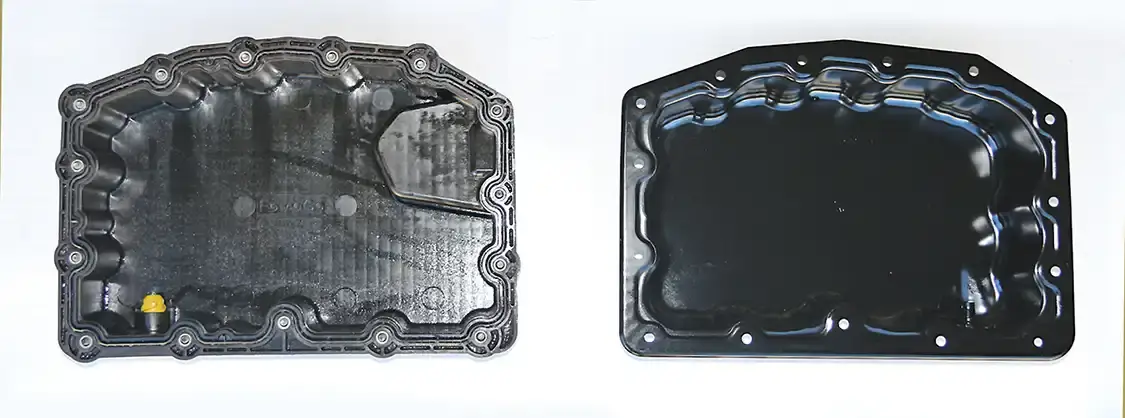 5. This view shows the inside of the composite pan (left) and the new stamped steel pan (right). Notice that the composite pan has an integrated gasket, making it a one-time use item. 