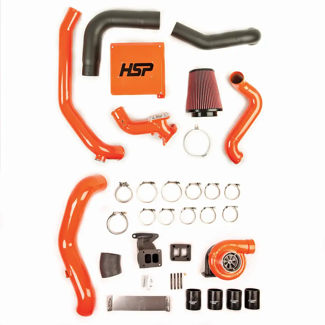 1. HSP Diesel of Romeo, Michigan, offers one of the most complete, well-built, cleanest S300 turbo systems on the market available for the 2001 to 2010 GM Duramax. Looking to increase airflow to the engine, HSp Diesel cuts no corners and includes mandrel-bent piping and a high-flowing, 3-inch, hand-fabricated Y-bridge. Also included in the kit is a cast T4 pedestal from HT Turbo, billet T4 spacer block, fabricated high-flow 4-inch intake system, two-piece downpipe, stainless braided oil feed and drain lines, gaskets, clamps, and required hardware.
