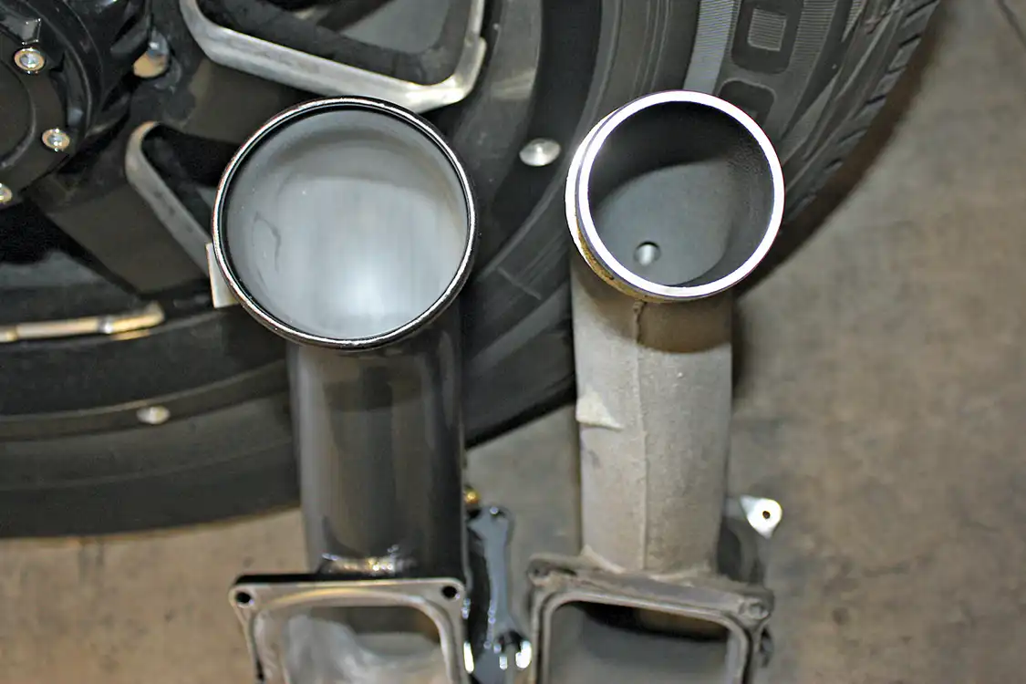 5. Comparing the HSP Diesel Y-bridge (left) to the factory Y-bridge (right) you can easily see the improvement in size and how much better the system will flow as a result. Paired with the mandrel-bent 3-inch intercooler piping, the soon-to-be-installed S300-based turbocharger shouldn't have any trouble pushing air into that hungry Duramax engine.