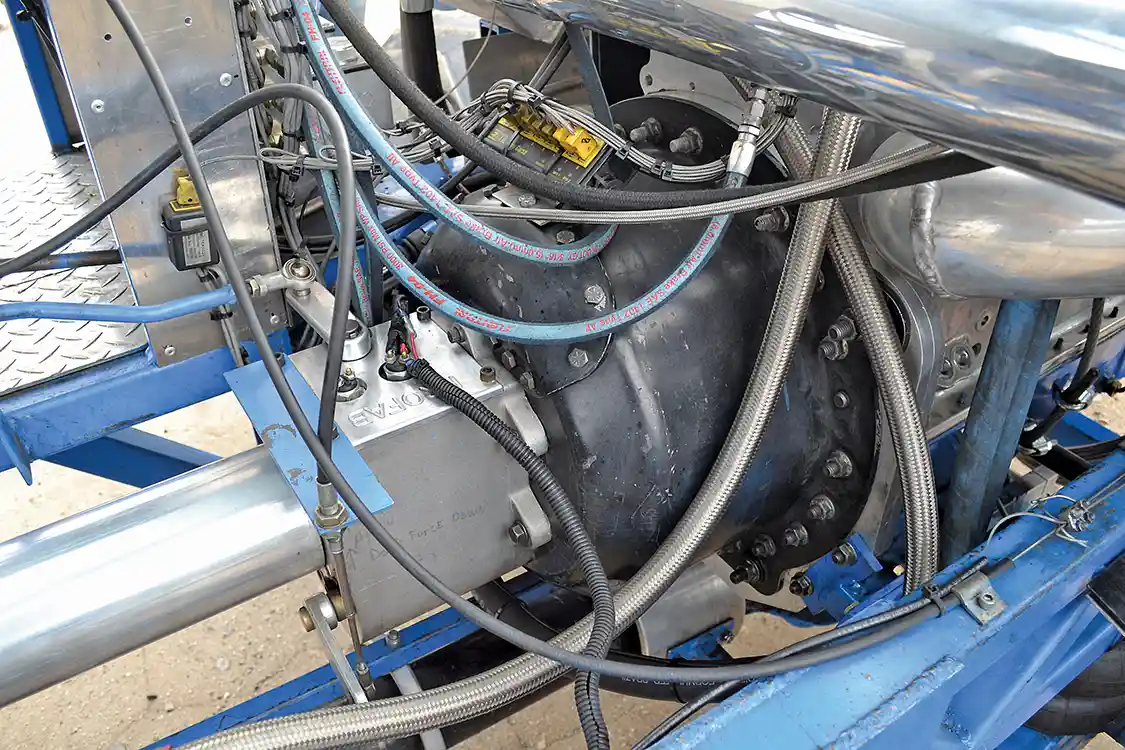 All the engine's power has to be harnessed somehow. That’s the task of this ProFab Reverser, which, just as it sounds, only has forward and reverse as gears. South Bend Clutch provided the mammoth 4-disc unit that takes the abuse of monster torque, while Haisley Machine provided the bellhousing and safety equipment.