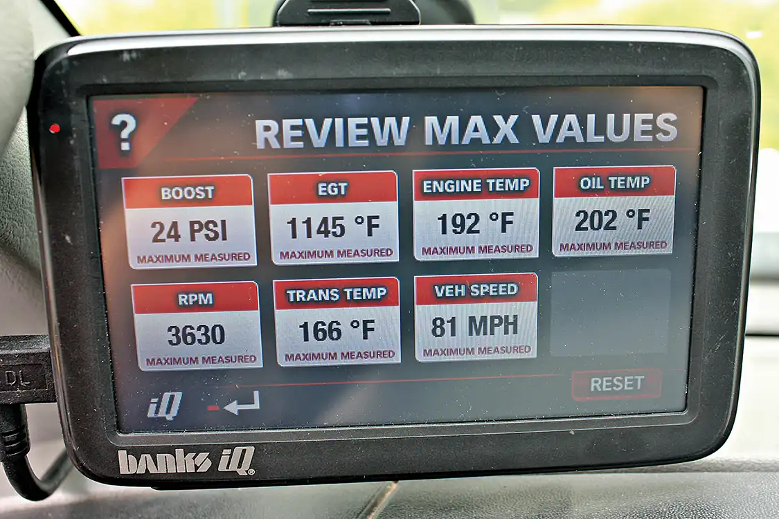 15. Along with watching live data as you drive, the Banks iQ system will save max values for your most important vehicle sensors, so at any time, you can go back and see what your peak numbers have been. This data can become extremely valuable when diagnosing engine problems.