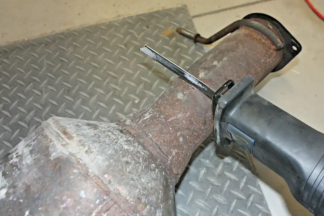 7. The Banks Monster Exhaust will retain the factory catalytic converter, however, one end will need to be cut off to make an easier and higher-flowing connection point to the rest of the 4” system.