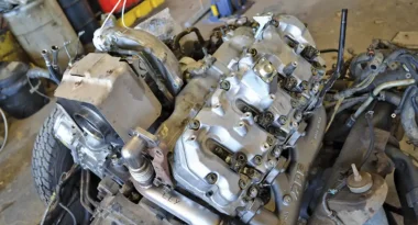 The heat generated by the turbos also needs to be shielded from the rest of the engine bay. With the cab off of this Duramax, it’s clear that some major heat shields are involved.