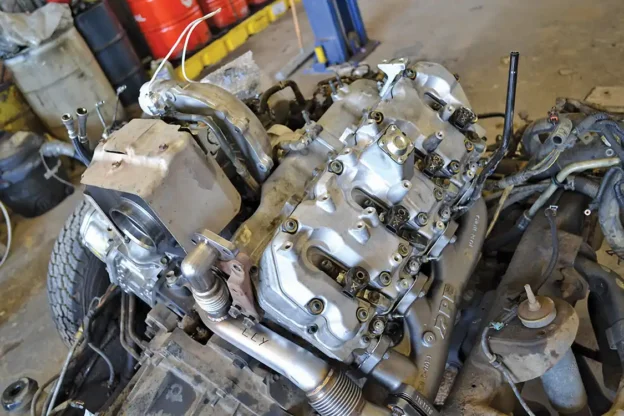 The heat generated by the turbos also needs to be shielded from the rest of the engine bay. With the cab off of this Duramax, it’s clear that some major heat shields are involved.