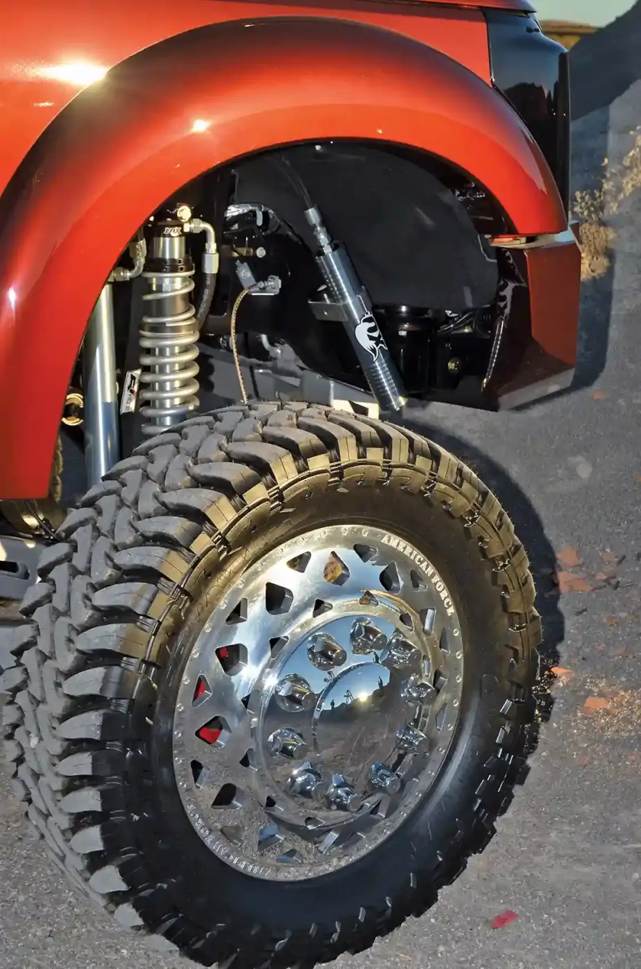The dual wheels will give this truck all the grab for traction it will ever need with Toyo MT tires mounted on American Force polished Mayday wheels.