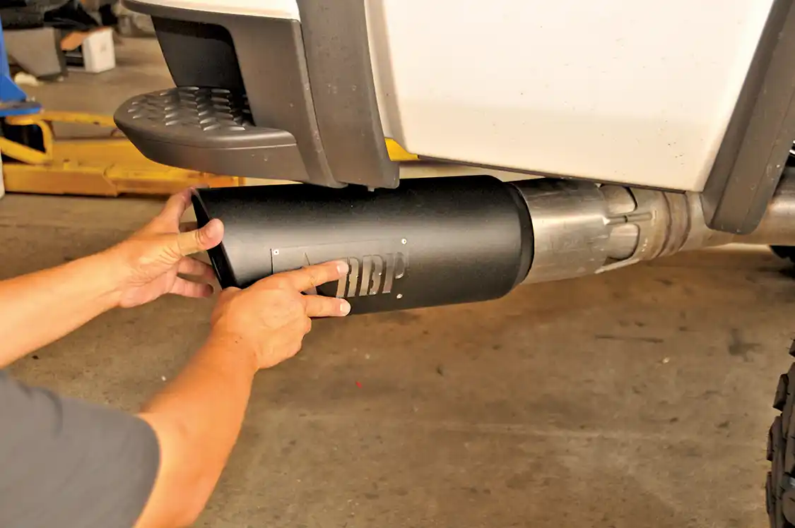 28. The RBP tip fit on the factory exhaust perfectly. A few 1-inch welds were then laid down to secure the tip.