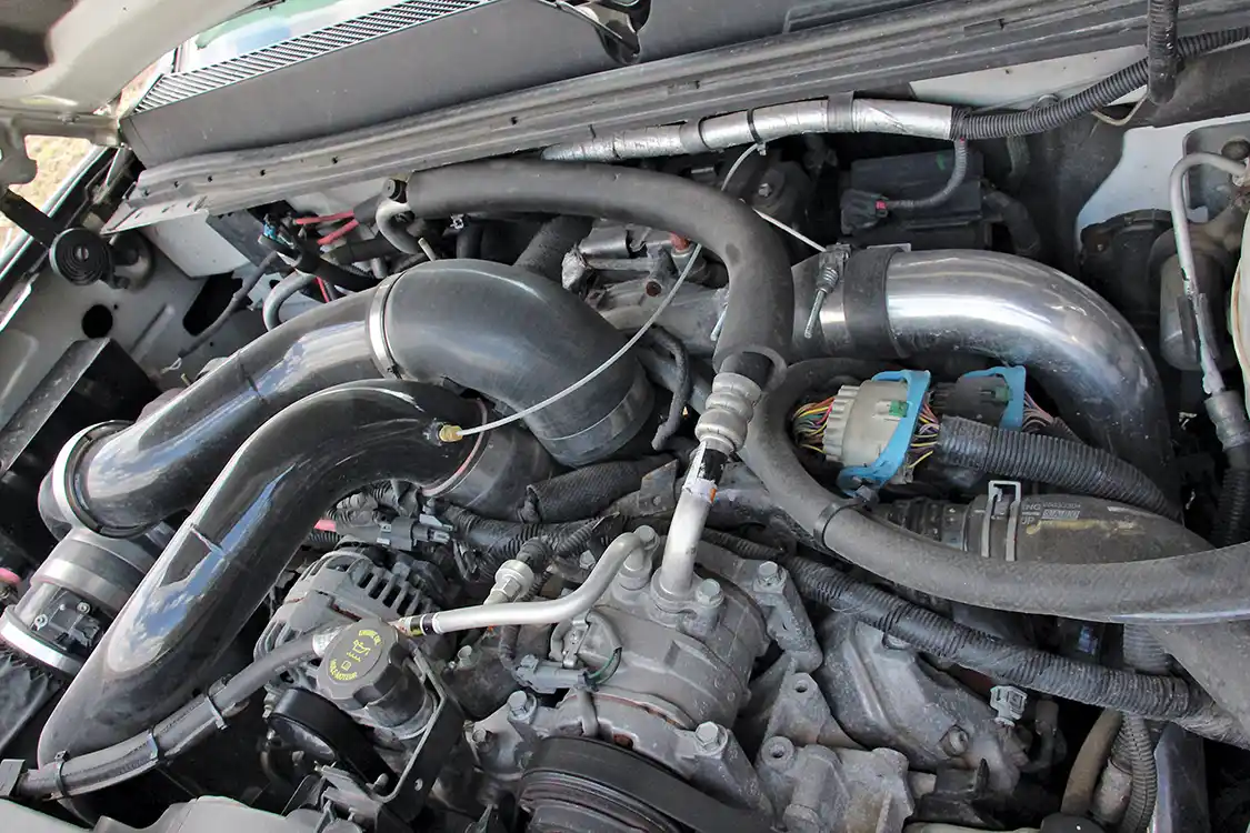 The potent LMM Duramax under the hood of Kaden Nelson’s ’09 GMC Sierra 2500 HD sports a set of Exergy Performance 45 percent over injectors, Exergy Performance 10mm stroker CP3, and an AirDog II 165-gph fuel system. While many would consider this excessive for stock LMM pistons (which have been known to crack at power levels beyond 600 hp), safe tuning, courtesy of Rob Coddens at Adrenaline Truck Performance, has kept the engine together for more than a year at the 650-rwhp mark.