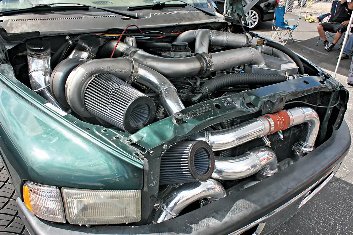 You could probably look at this picture for an hour and still not figure out where all those pipes go. With 1379hp on fuel only, this 12V Cummins, built by Todd Welch of Cedar City, Utah, just helps prove the old “dinosaur” p-pump Cummins can still compete with the biggest Common Rain and Duramax builds around.