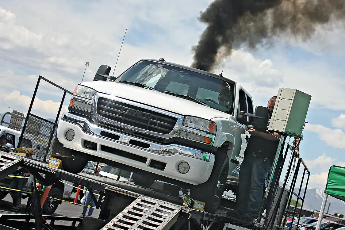 With 952hp on tap, Mike Mikstas’ 2005 GMC Duramax—with a big Turbonetics atmosphere and S472 high pressure compound turbo setup Mikstas fabricated himself—will definitely be a force to be reckoned with, both on the street and at the track, with enough power to pull off high 10-second quarter miles.