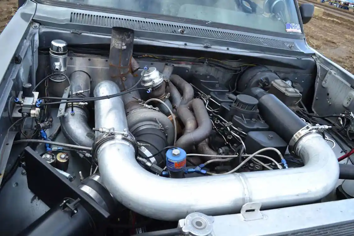 2. Cole Dow's Dodge is a good example of a well-setup, big-horsepower nitrous system. There's one large nitrous solenoid, two smaller ones (with a separate feed line), as well as a purge solenoid. The intake tract uses either v-bands or straps, and a large external wastegate keeps boost under control. A <a href="https://www.nitrousexpress.com/">Nitrous Express</a> progressive controller operates the nitrous system.