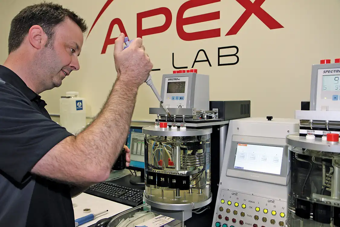 10. To measure the oil’s Viscosity Index, Rainey places sample amounts into the Viscometer, and the machine measures the precise time it takes the oil to flow through specific orifices within the temperature-controlled fluid medium.