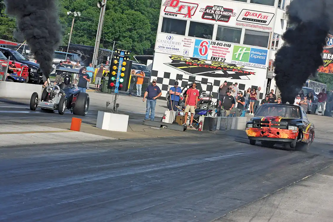 Aaron Reynolds drove his Cummins-powered altered to the victory over Steve Royalty’s Dodge in the Pro Mod Class. Notice the chassis twist as the Dodge puts the power down on the line.