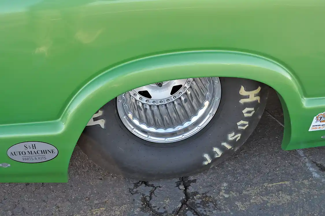 In drag racing, traction is all-important, so here, Brad didn't skimp. A set of 33x16x15-inch <a href="https://www.hoosiertire.com/">Hoosier</a> drag slicks mounted on Centerline Convo Pro's provide the grip for high 1.2-second 60ft times.