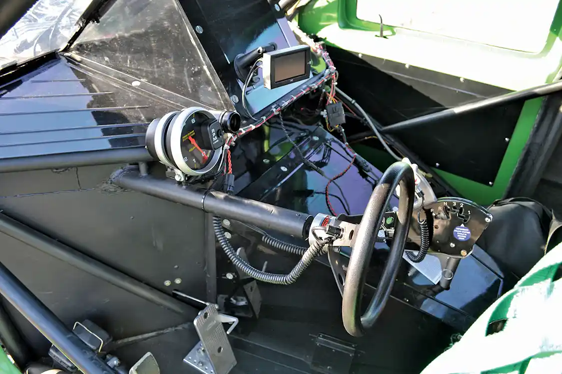 The interior of Brad's drag truck is all business: With a tubular steering column, driver setback, full rollcage and a bunch of safety gear, there's plenty of protection for the truck's 150mph trap speed.