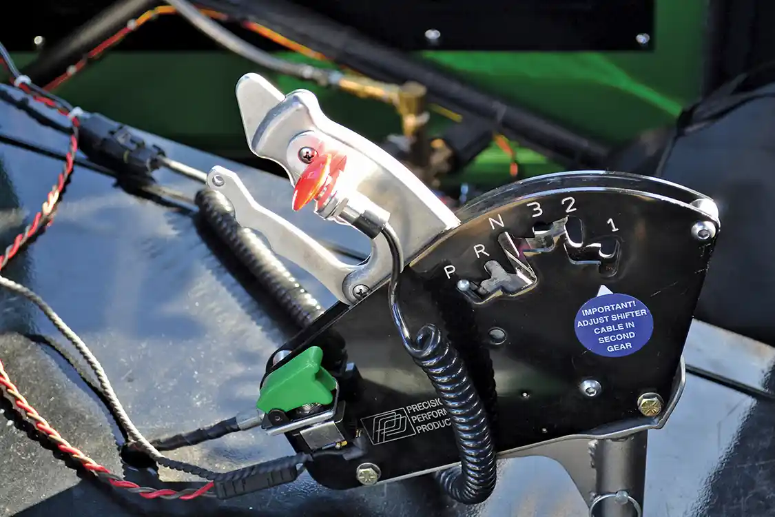 Lightweight parts are an important aspect of a drag vehicle build, like this 18-ounce <a href="https://precisionperformance.com/">Precision Performance Products</a> shifter, which controls the Dodge 47Rh transmission.