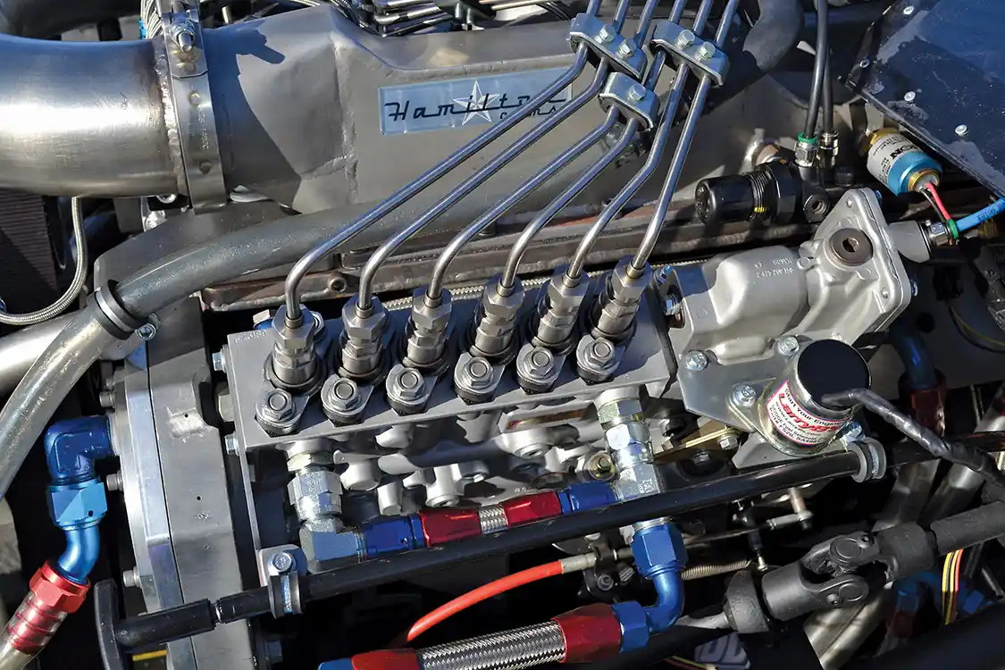 A P7100 injection pump built by Northeast diesel was installed on the 5.9L Cummins, and it incorporates such features as a quick-fill cam and 13mm plungers. Set at 660cc of fuel and 29 degrees of timing, the pump is capable of a whopping 992cc when Brad is ready to turn the truck up.