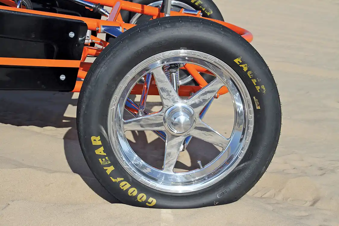 The front tires are a set of Goodyear Eagle drag tires to handle race speeds without an issue; they’re wrapped around a set of polished spindle-mount Weld Racing wheels.