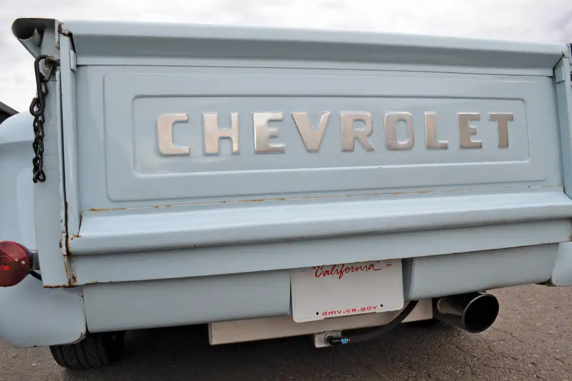 The rear of the truck is all original Chevy, save for the massive 25-gallon fuel cell that adds some traction, and range. At nearly 25 mpg, Bill figures he can go nearly 500 miles without refueling.