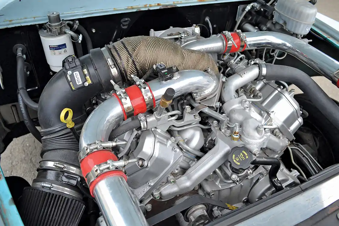 Underneath the hood of the survivor '58 body is perhaps the cleanest Duramax engine bay we have ever seen. Bill took great pains in making the 6.6L engine look as smooth and simple as possible. With a PPE Hot+2 tuner, it also puts out an estimated 450 hp and 900 lb-ft of torque at the rear wheels.
