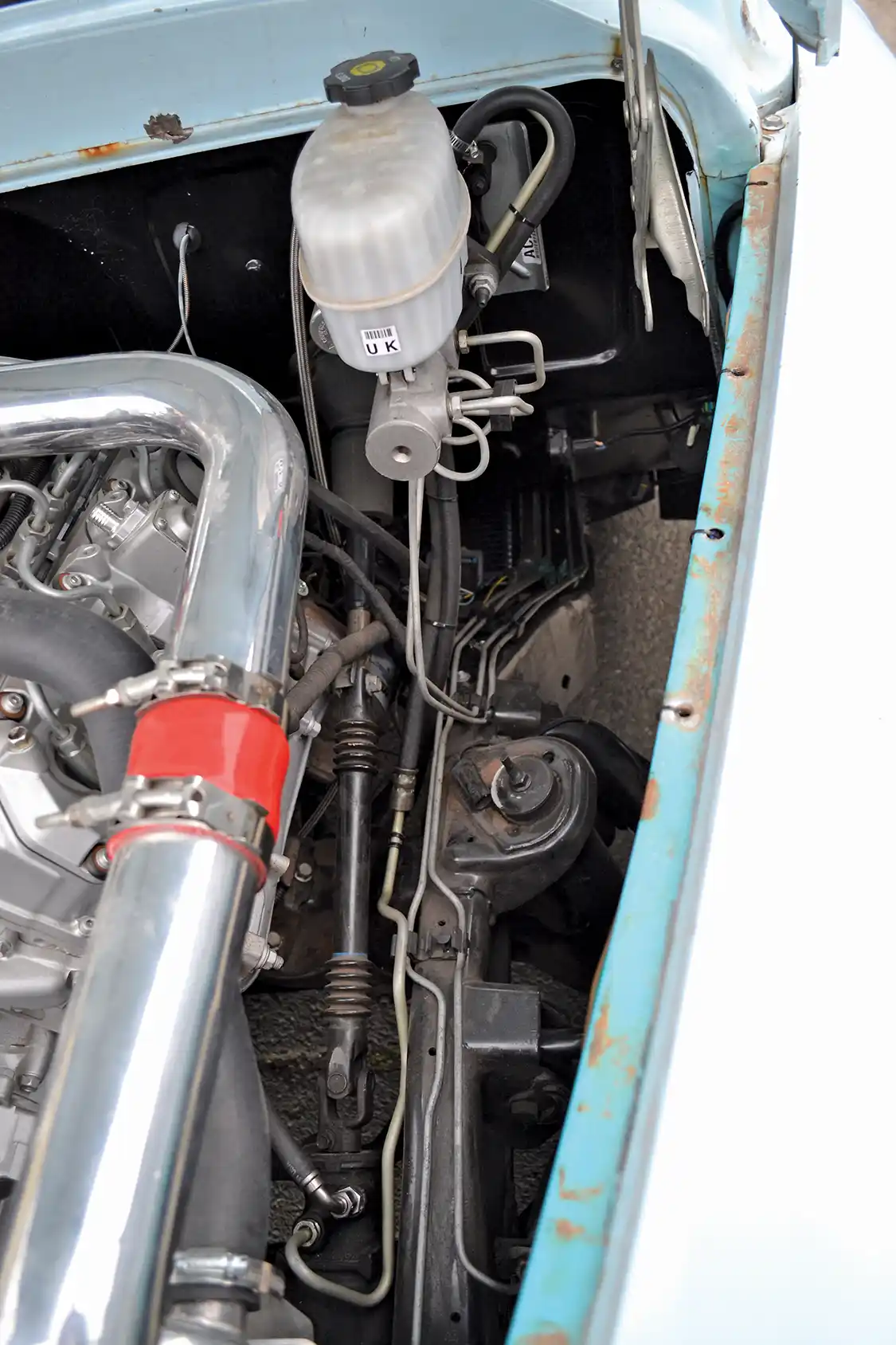 The hydroboost braking system was adapted to the '58 Chevy's body when Bill did the swap so that he could actually stop. A driver's side exhaust manifold from Pacific Performance Engineering was also fitted at the same time to improve airflow to the turbocharger.
