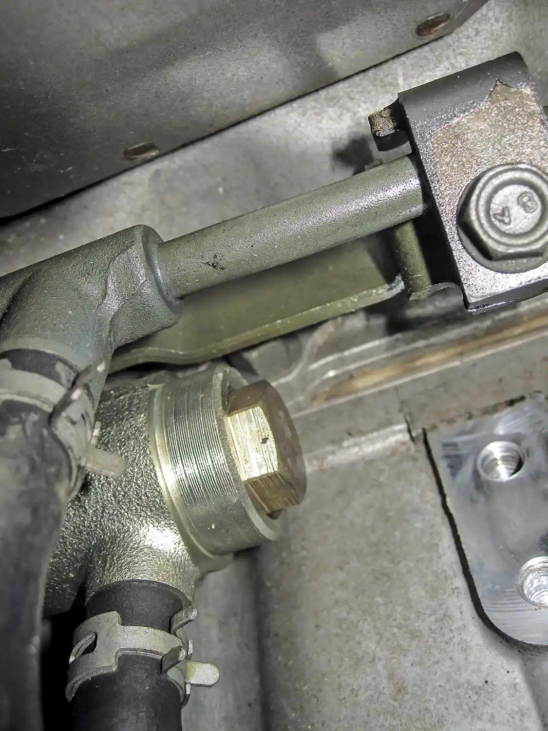 5. With some finagling we got a shot of the elusive unicorn of a bolt. Be careful when removing the bolt, as they have a knack for seizing up and stripping out, which means the quick-and-easy job instantly becomes hours of labor since the fuel rail will then need to be removed.