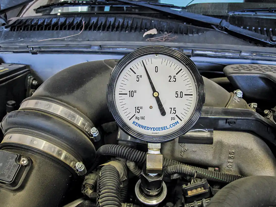 17. With the stock components in place, our Duramax test truck idled with a fuel pressure of 2.5psi of vacuum, but that all changed with the addition of the lift pump.