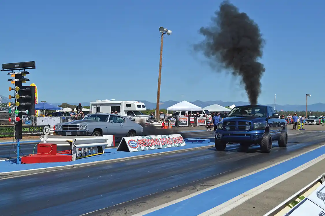 Adam Aquino (near lane) was shooting for 10s after dynoing a wild 920 hp to the wheels but ended up having to pedal the truck and ran in the low 11s (but at 123 mph). The Duramax-powered Chevelle in the other lane belongs to Rick Fletes and ran an impressive 11.7 at 115 mph on a bone stock engine with a tune!