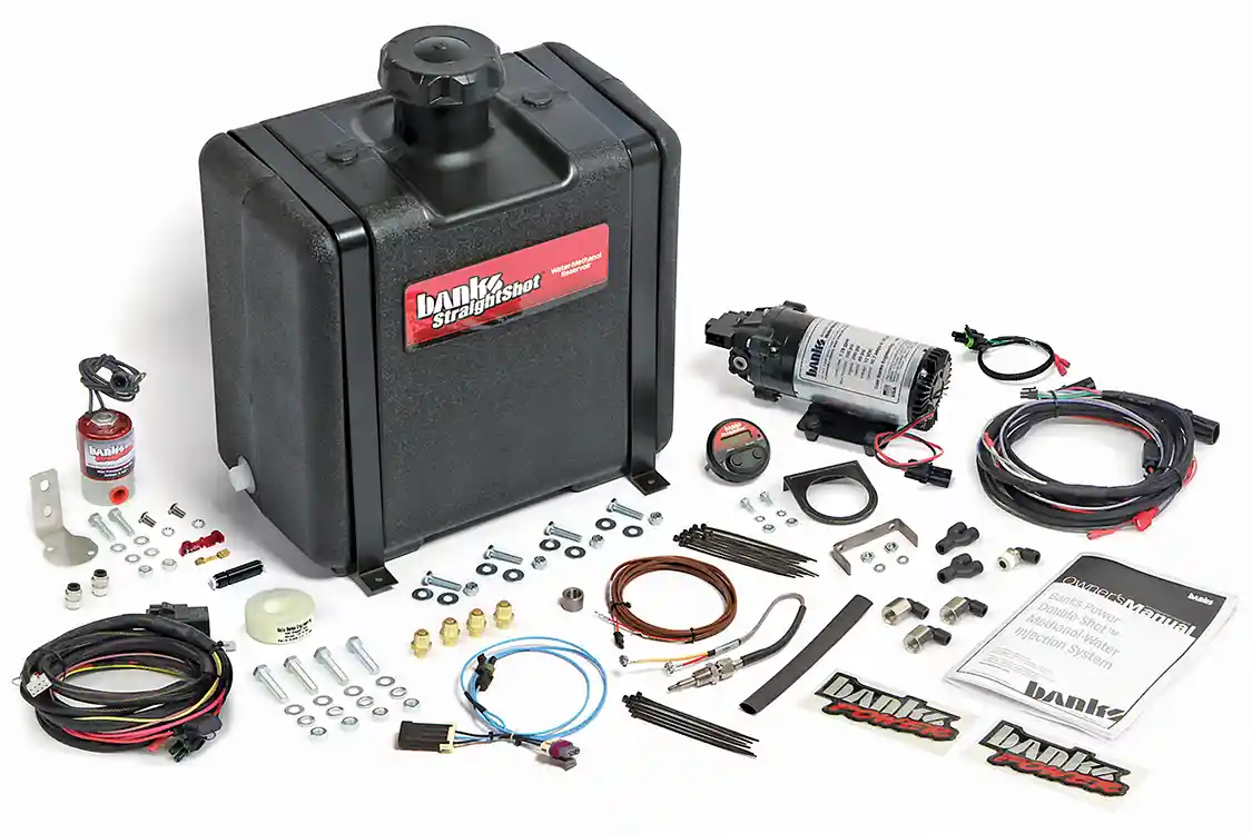 This Banks Straightshot water-methanol injection kit is a good example of a modern state-of-the-art system. It comes with a tank, lines, wiring, controller, solenoid, pump, EGT probe, nozzles, and all the fittings necessary for installation.