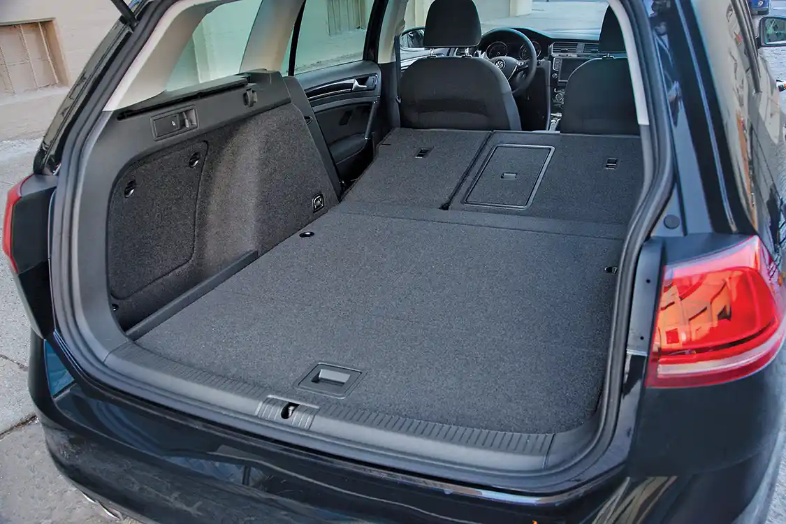 Here you can see a comparison of the Golf SportWagen’s cargo capacity with the rear seats up and folded down. This little car has lots of carrying space: 30.4-Cu. Ft. with the rear seats up and 66.5-Cu. Ft. with them down.