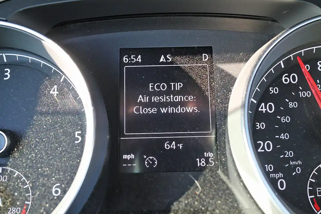 The driver assist info system offers eco tips as you push along. Besides recommending up and down shifts points, it also warns that open windows eat fuel. This warning about windows is found on both the automatic and manual cars.