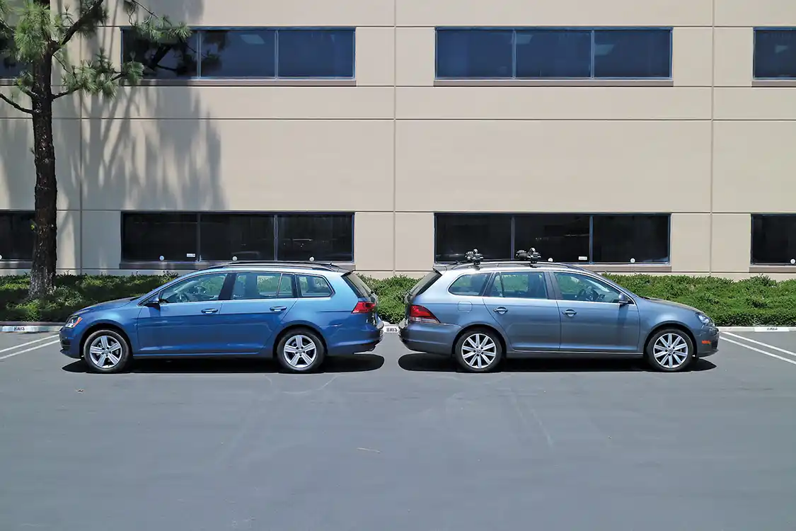 Here you see a comparison between the older style Jetta Sportwagen (right) and the new 2015 Golf SportWagen (left). Believe it or not, the 2015 Golf SportWagen is similar in size, on the outside, as its older brother: the Jetta Sportwagen. It does have a two-inch longer wheelbase, but the bodies are virtually the same length, width and height.