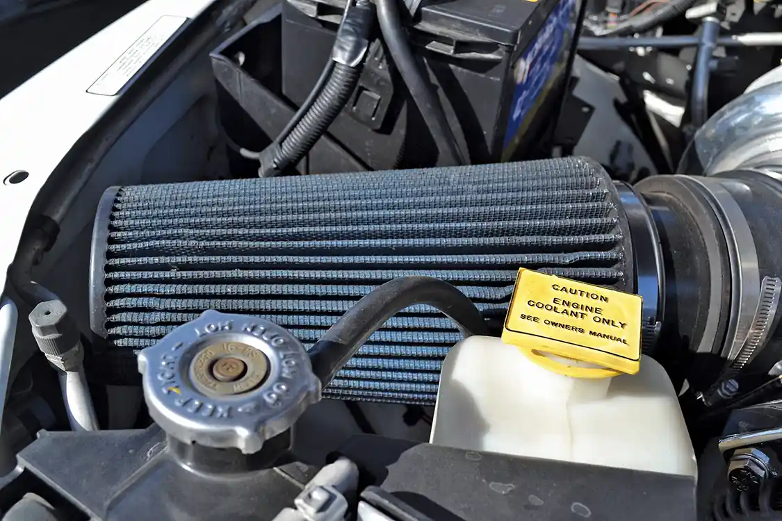 A large oiled universal <a href="https://afepower.com/">aFe</a> air filter was incorporated into the build, which flows more than enough air to support the hungry BorgWarner turbocharger.