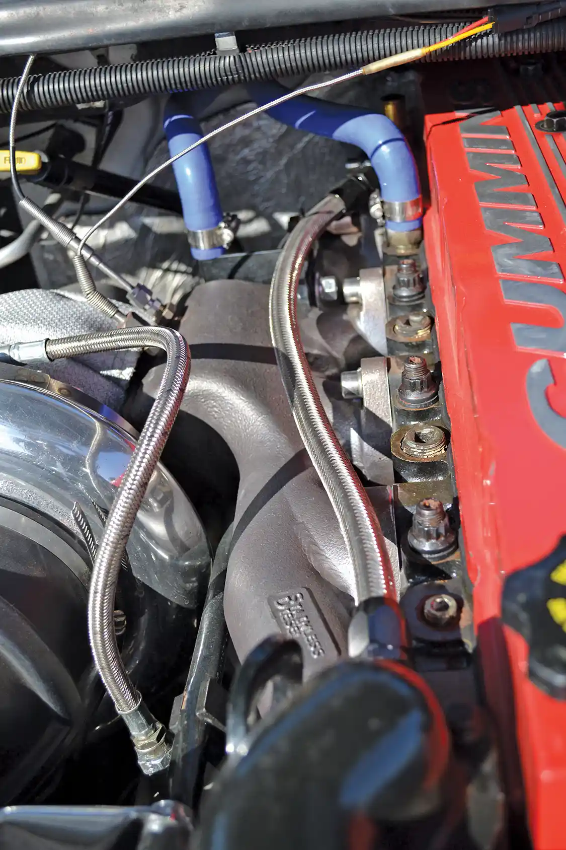 For reliability reasons, the stock exhaust manifold was replaced with this unit from Stainless Diesel, which is not only stronger, but flows more than the factory version.