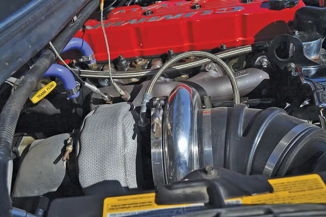 A single 67.7mm turbocharger from <a href="https://www.borgwarner.com/home">BorgWarner</a> is responsible for making more than 60psi of boost. Exhaust exits via an HX40-style 4-inch downpipe, which connects to a 5-inch <a href="https://www.mbrp.com/">MBRP</a> exhaust.