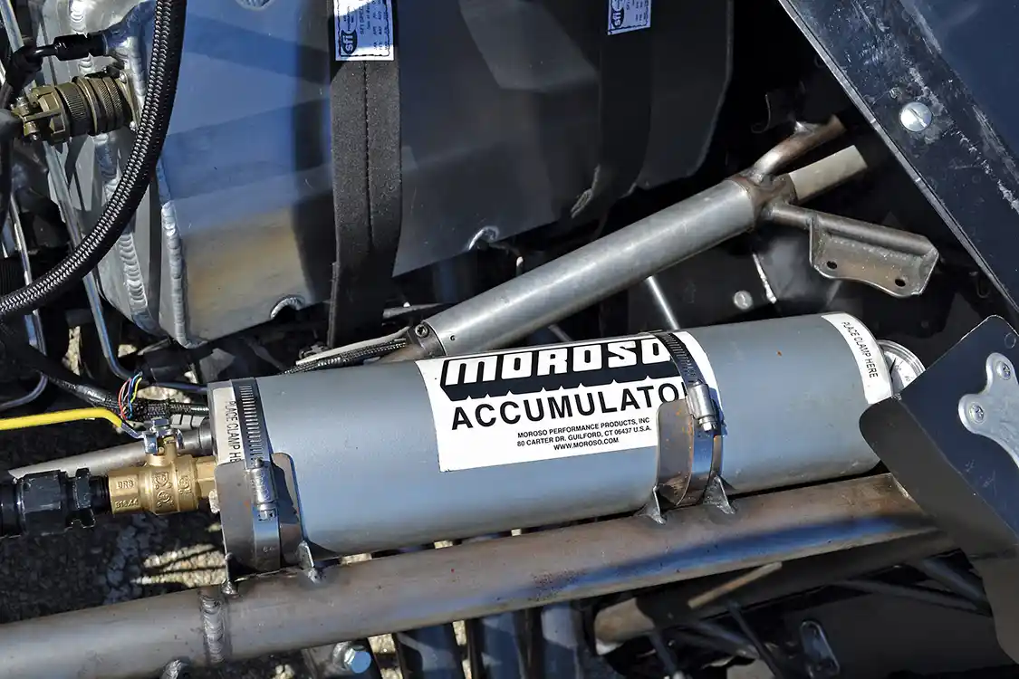 With so many one-off pieces, a <a href="https://www.moroso.com/">Moroso</a> oil accumulator was employed at start-ups to reduce wear. The accumulator will also fire off quarts of oil instantly in case the engine ever loses pressure, to prevent bearing, ring, or other engine damage.