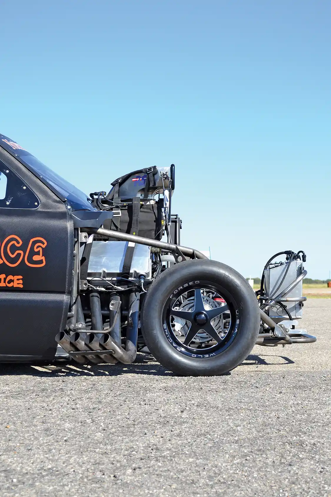 With the front end removed, one can see how far the engine is set back in the chassis to provide superior weight transfer upon launch.