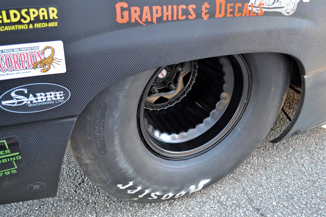 With a huge amount of diesel torque on tap, the rear rubber is equally large to provide the truck with the traction for fast times. The 34.5x17x16 slicks mounted on <a href="https://www.weldwheels.com/">Weld Racing</a> wheels should provide 60ft times in the 1.1-1.2 second range once the truck is ironed out.