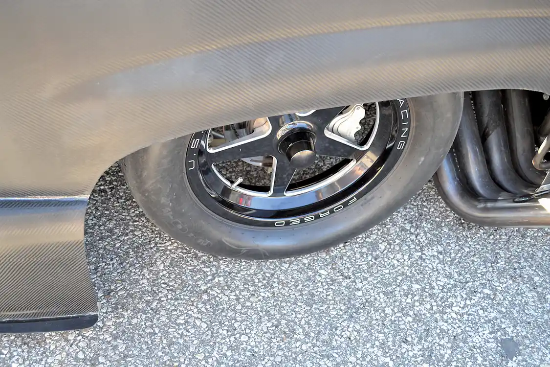 The front wheels are also from Weld, and are for drag racing purposes only. The spindle-mount wheels weigh an incredibly light 9.5 lbs. and cut down on both rotational weight and rolling resistance with the skinny drag tires.